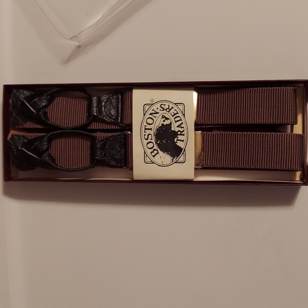 BOSTON TRADERS MEN'S BROWN & BLACK LEATHER BUTTON END SUSPENDERS VINTAGE NWT SO